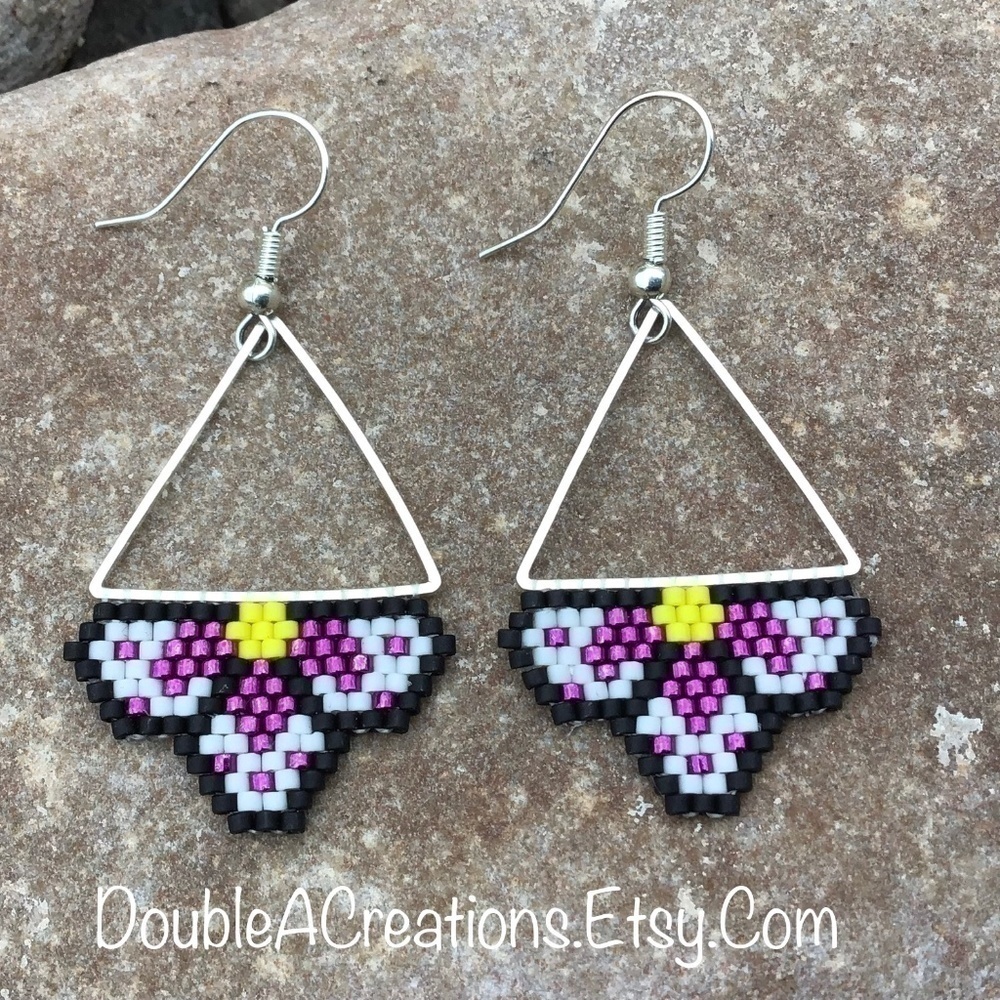 Purple Flower Triangle Beaded Earrings, New, Handmade By Me